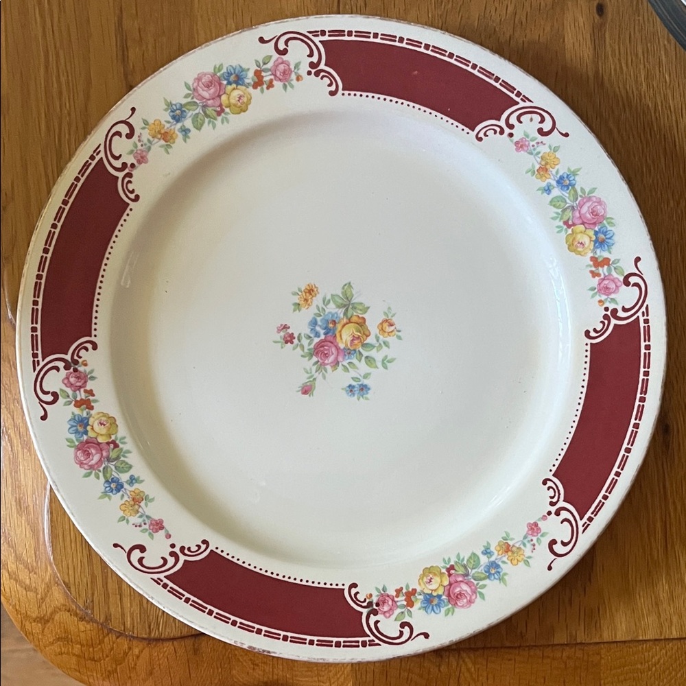 Homer Laughlin Floral Dinner Plate with Red and Cream Accents